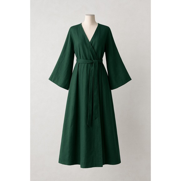 ONCE MILANO Woman S/M EU42 Linen Dressing Gown Robe Forest Green Kimono Sleeve - Picture 2 of 12